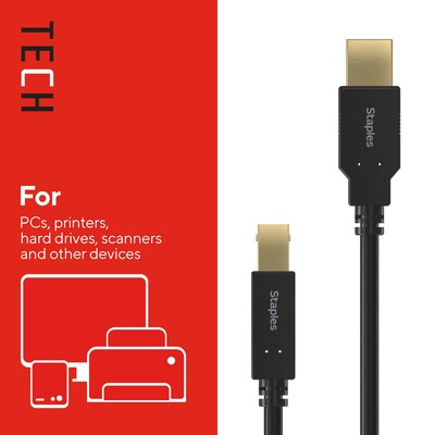 Staples TECH 10 ft. USB-A to USB-B 2.0 Cable, Male to Male, Black (ST62443)