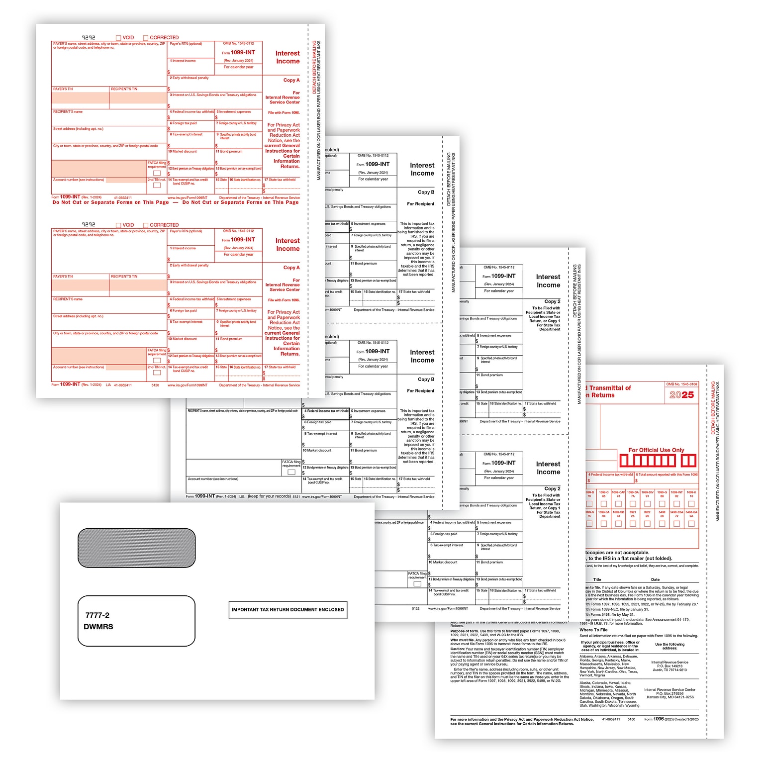 ComplyRight 2025 1099-INT Tax Form Envelopes, 4-Part, 2-Up, Copies A, B, C, 10/Pack (6106E10)