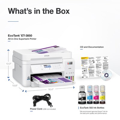 Epson EcoTank ET-3850 Wireless Color Inkjet Printer, All-In-One Supertank, Print, Scan, Copy (9472543)