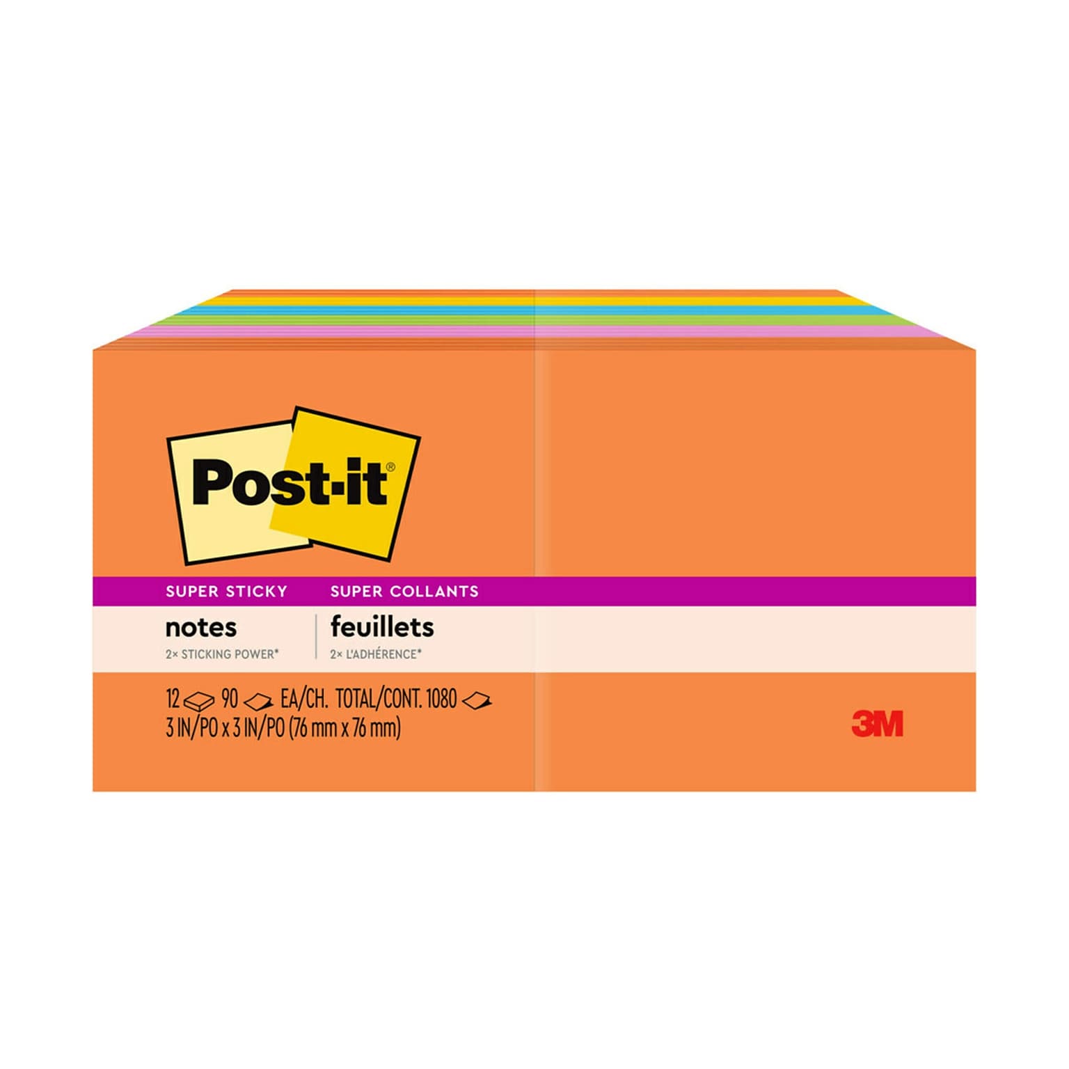 Post-it Super Sticky Notes, 3 x 3, Energy Boost Collection, 90 Sheet/Pad, 12 Pads/Pack (65412SSUC)