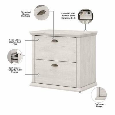 Bush Furniture Yorktown 60" L-Shaped Desk with Hutch, Lateral File Cabinet and 5 Shelf Bookcase, Linen White Oak (YRK003LW)