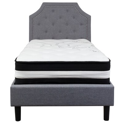 Flash Furniture Brighton Tufted Upholstered Platform Bed in Light Gray Fabric with Pocket Spring Mattress, Twin (SLBM9)
