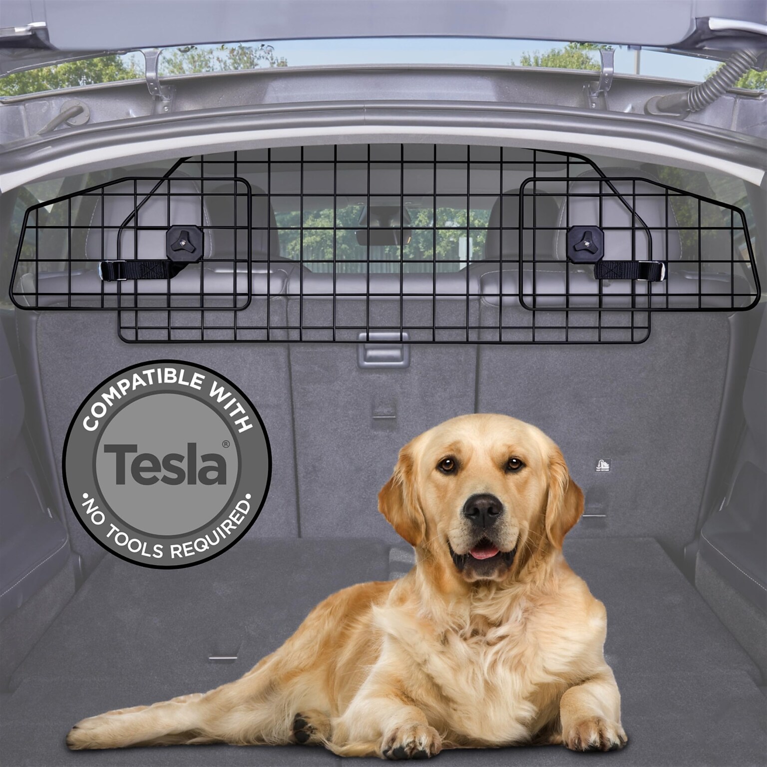 Pawple Adjustable Dog Car Barrier Compatible with Tesla® Model Y®, Heavy-Duty Wire Mesh, Universal Fit, Black (PAWDBMY)