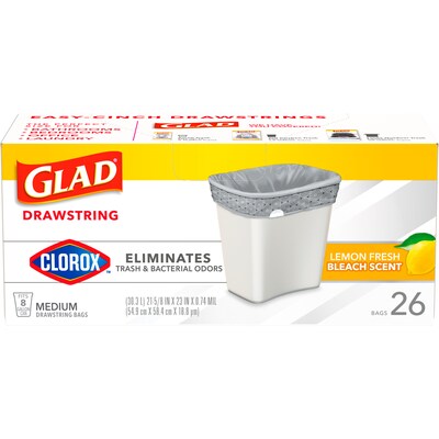 Glad Medium Drawstring Trash Bags with Clorox, 8 Gallon, Grey, Lemon Fresh Bleach Scent, 26/Box(79316)