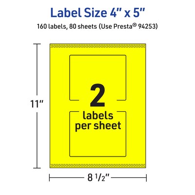 Avery Laser/Inkjet Rectangle Multipurpose Labels, 4" x 5", Neon Yellow, 160/Box (94253)