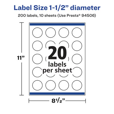 Avery Laser/Inkjet Round Multipurpose Labels, 1 0.5" Dia., 200 Labels/Pack (94506)