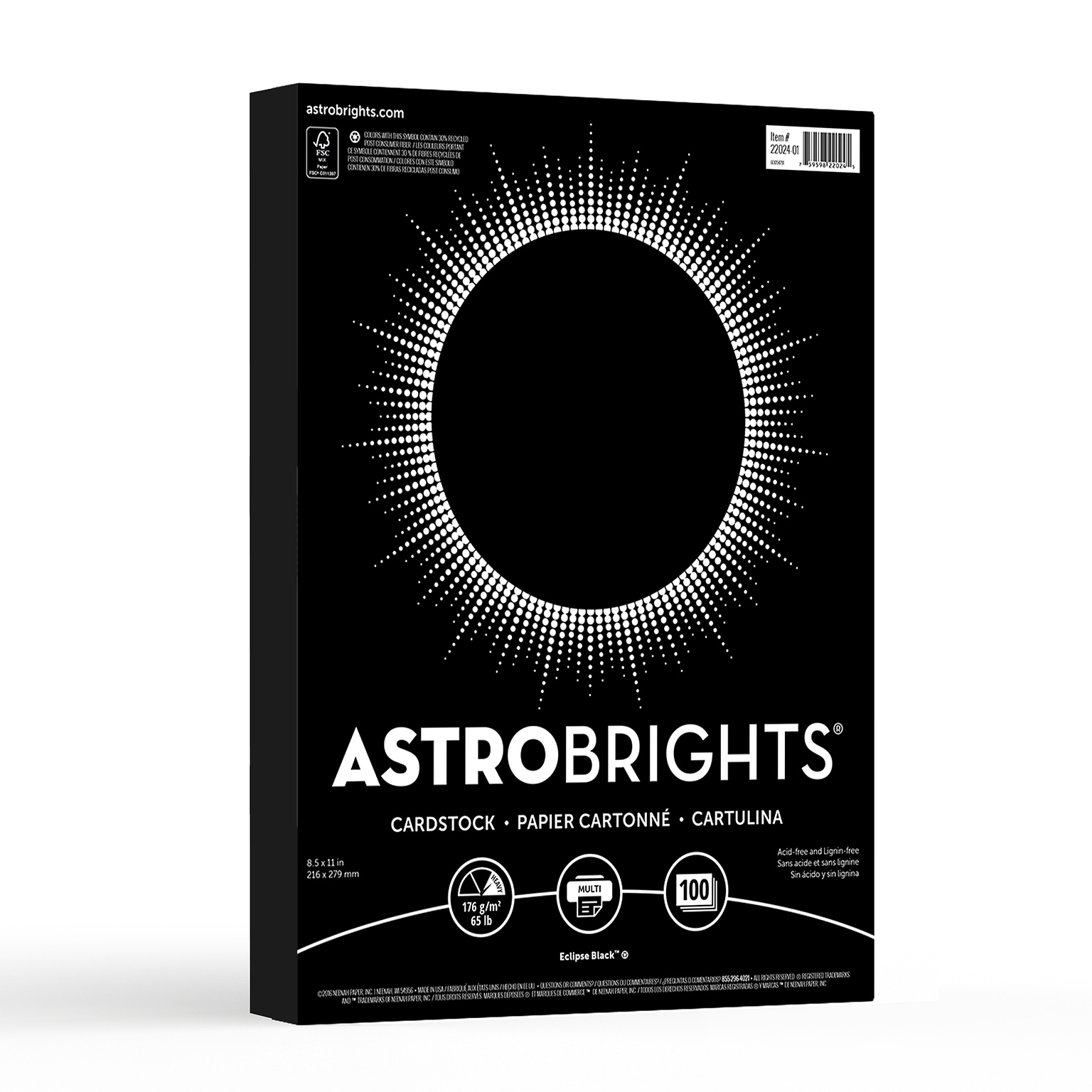 Astrobrights 65 lb. Cardstock Paper, 8.5 x 11, Eclipse Black, 100 Sheets/Pack (22024-01)