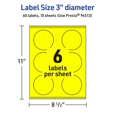 Avery Laser/Inkjet Round Multipurpose Labels, 3" Dia., Neon Yellow, 60/Pack (94513)