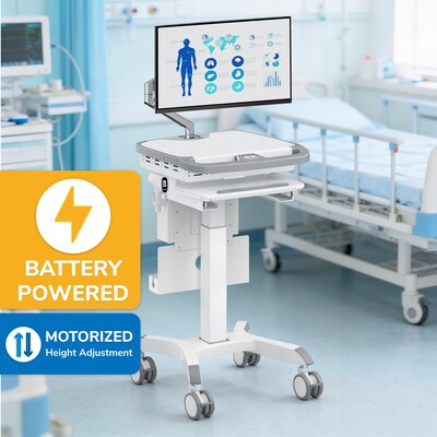 Mount-It! MedHub Powered Height-Adjustable Medical Cart with Monitor Arm, Scanner & Wipes Holders, White/Gray (MI-16065)