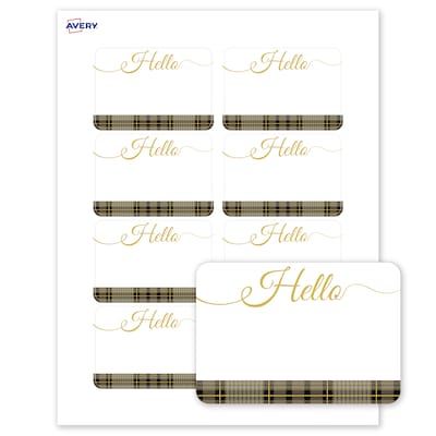 Avery Adhesive Name Tags, Pre-printed Plaid Gold Hello Design