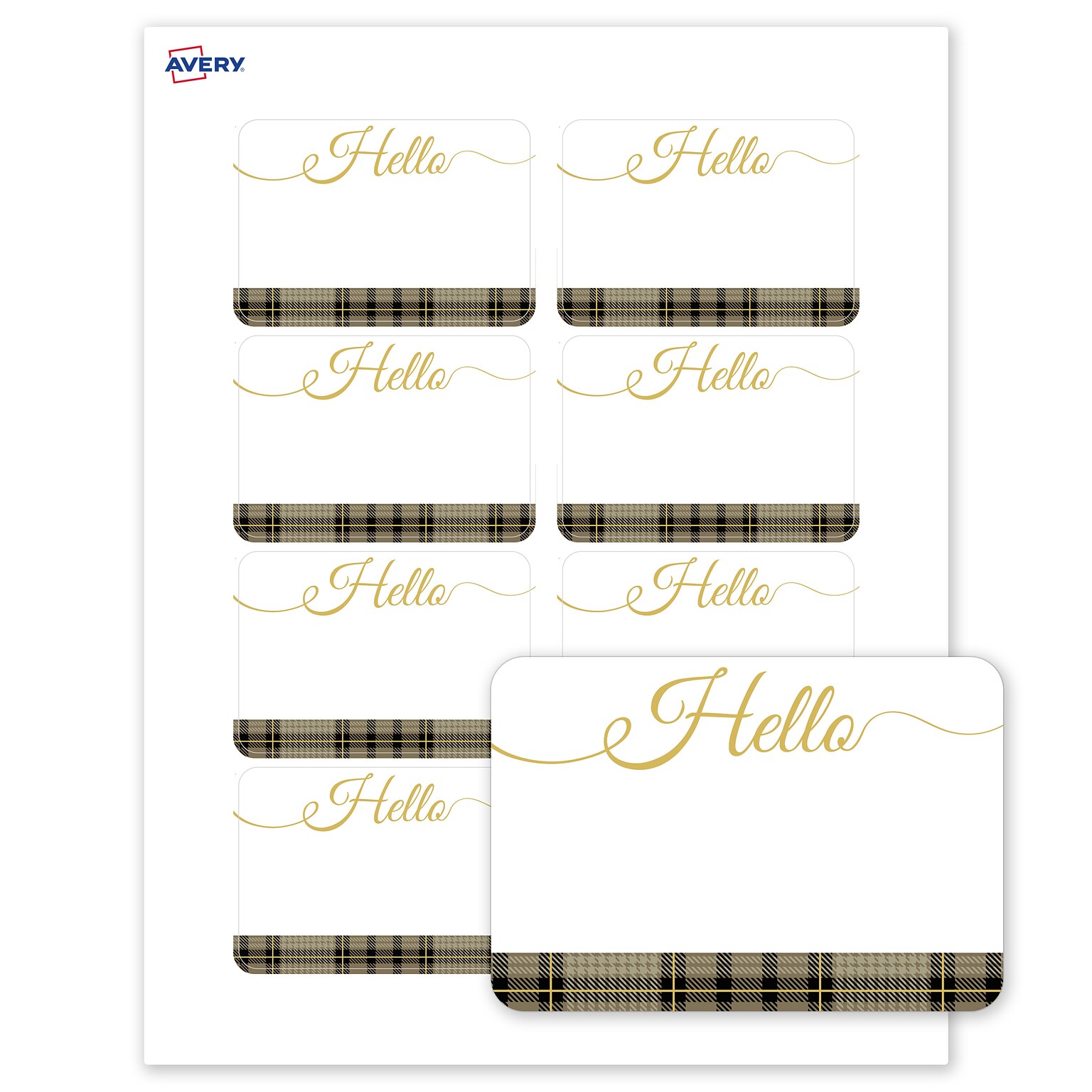 Avery Adhesive Name Tags, Pre-printed Plaid Gold Hello Design