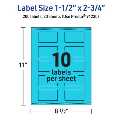 Avery Laser/Inkjet Multipurpose Rectangle Labels, 1.5" x 2.75", Bright Blue, 200/Pack (94230)