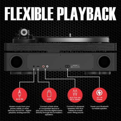 Audiosource AT33 Belt Drive turntable with 2.1 channel 120 watt Bluetooth Speakers, Black Woodgrain (AT3345BW)