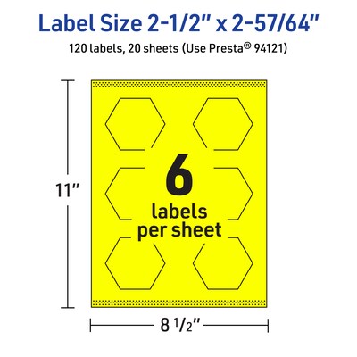 Avery Hexagon Laser/Inkjet Multipurpose Labels, 2-1/2" x 2-57/64", Neon Yellow (120/Pack)