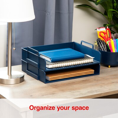 Staples Plastic Side Loading Stackable Letter Tray, Letter Size, Navy Blue, 2/Pack (ST63886)