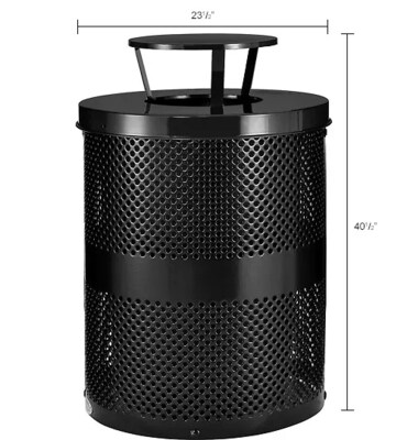 Global Industrial Outdoor Perforated Steel Trash Can w/ Rain Bonnet Lid, 36 Gallon, Black (261927BK)