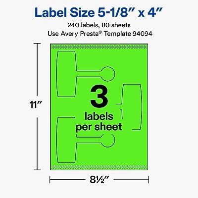Avery Laser/Inkjet Multipurpose Labels, 5-1/8" x 4", Neon Green, 240 Labels/Box (19479370735)