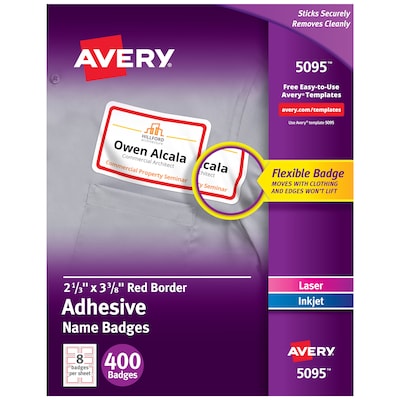 Avery Flexible Laser/Inkjet Name Badge Labels, 2 1/3 x 3 3/8, White with Red Border, 400 Labels Pe