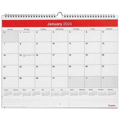 2024 Staples 15 x 12 Wall Calendar, Red/White (ST52080-24)