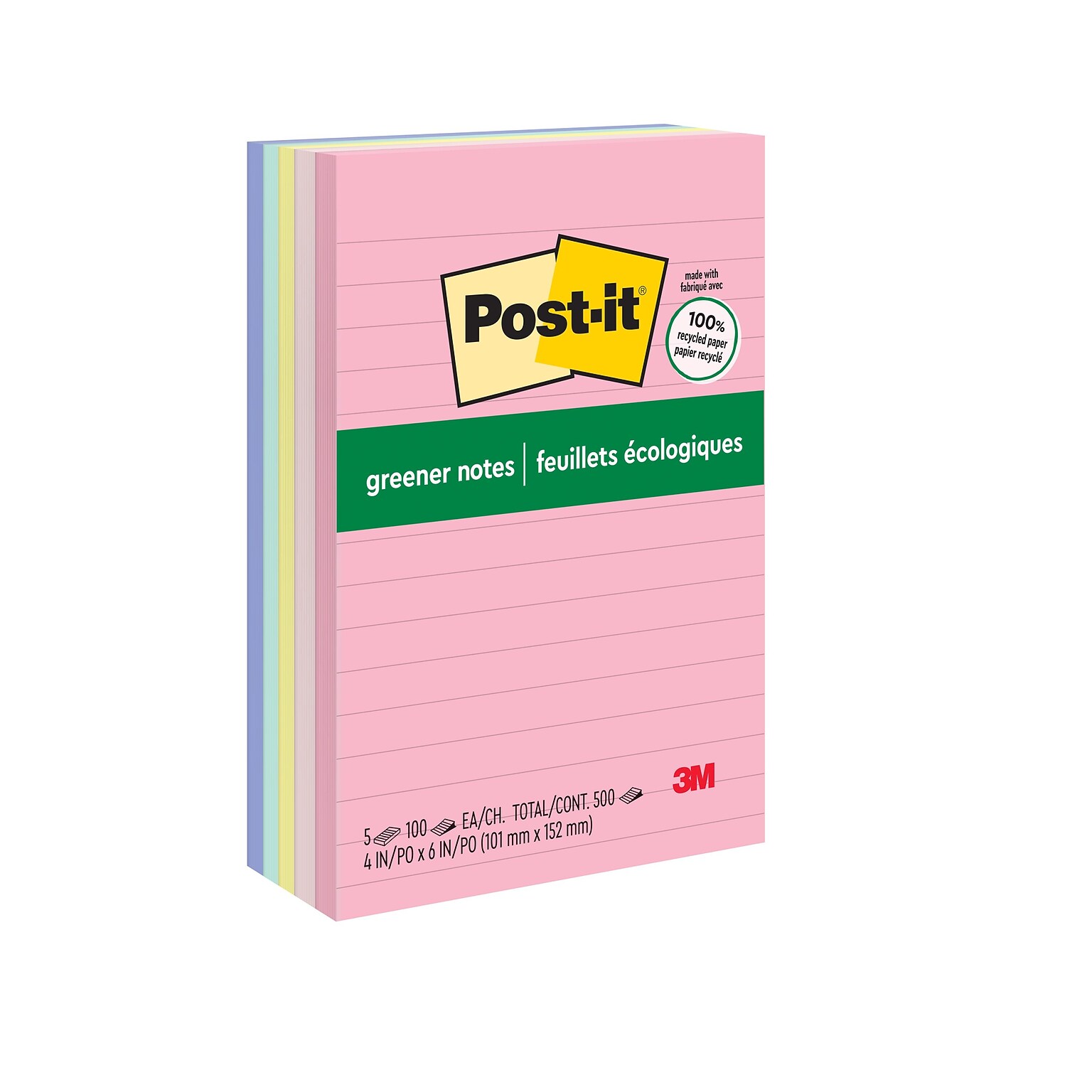 Post-it Greener Recycled Notes, 4 x 6, Sweet Sprinkles Collection, Lined, 100 Sheet/Pad, 5 Pads/Pack (6605PKRPA)