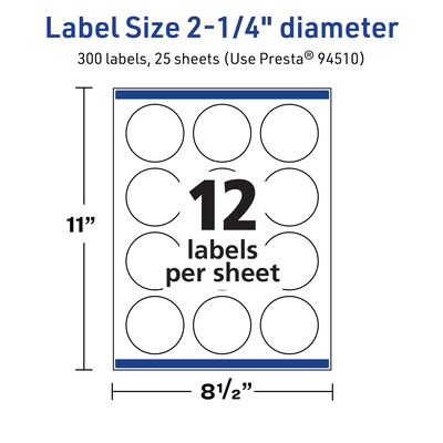 Avery TrueBlock Laser/Inkjet Circle Multipurpose Labels, 2.25" Dia., White, 300/Pack (94510)