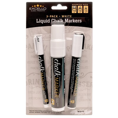 Excello Global Products Washable Chalk Markers, Assorted Tips, White, 3/Pack (EGP-HD-0511-S)