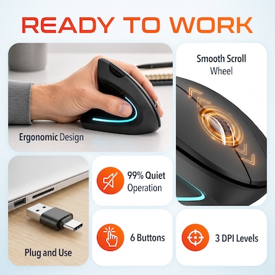 Delton S12 Wireless Ergonomic Vertical Left-Handed USB-A/C Mouse, Black (DMERG12LWB)