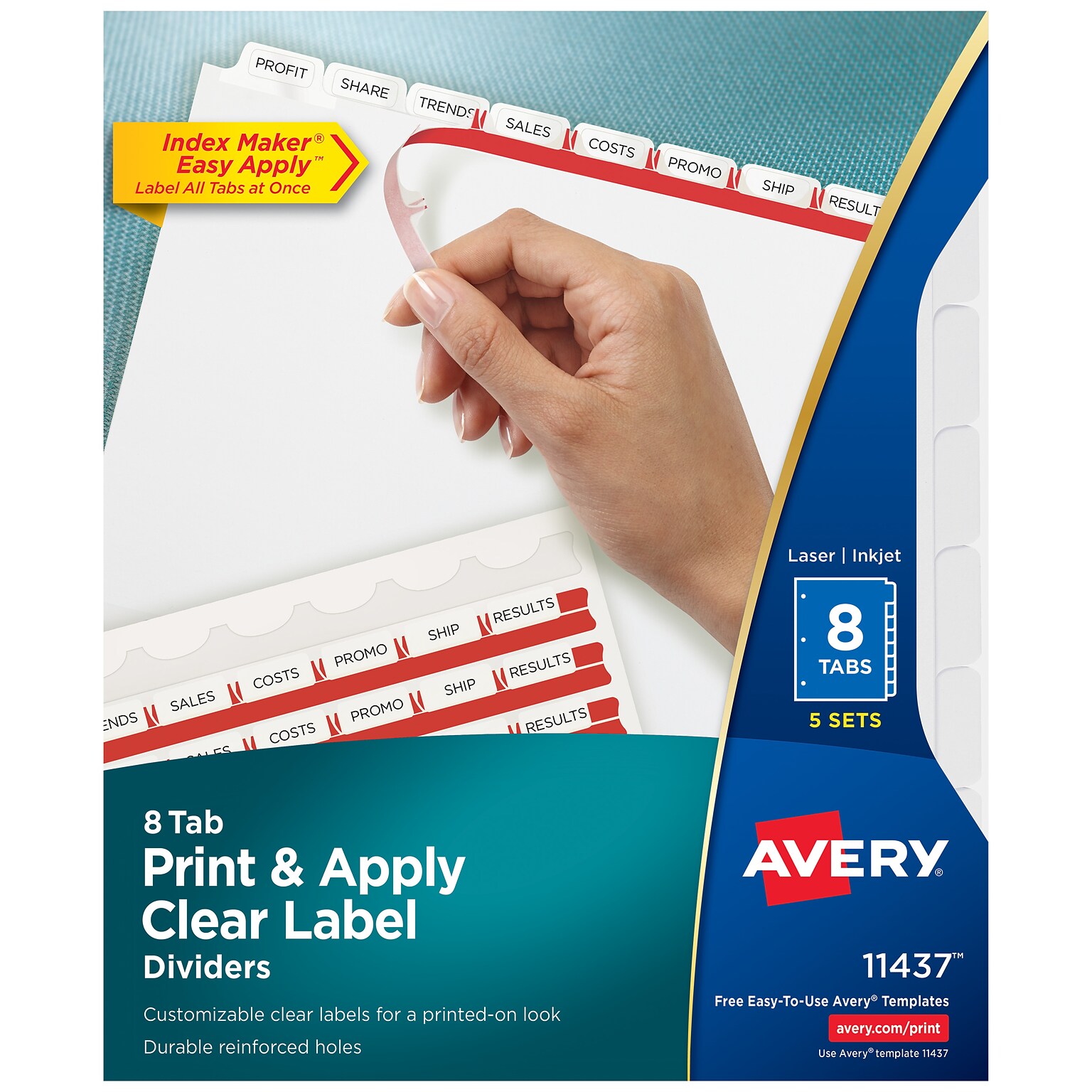 Avery Index Maker Paper Dividers with Print & Apply Label Sheets, 8 Tabs, White, 5 Sets/Pack (11437)