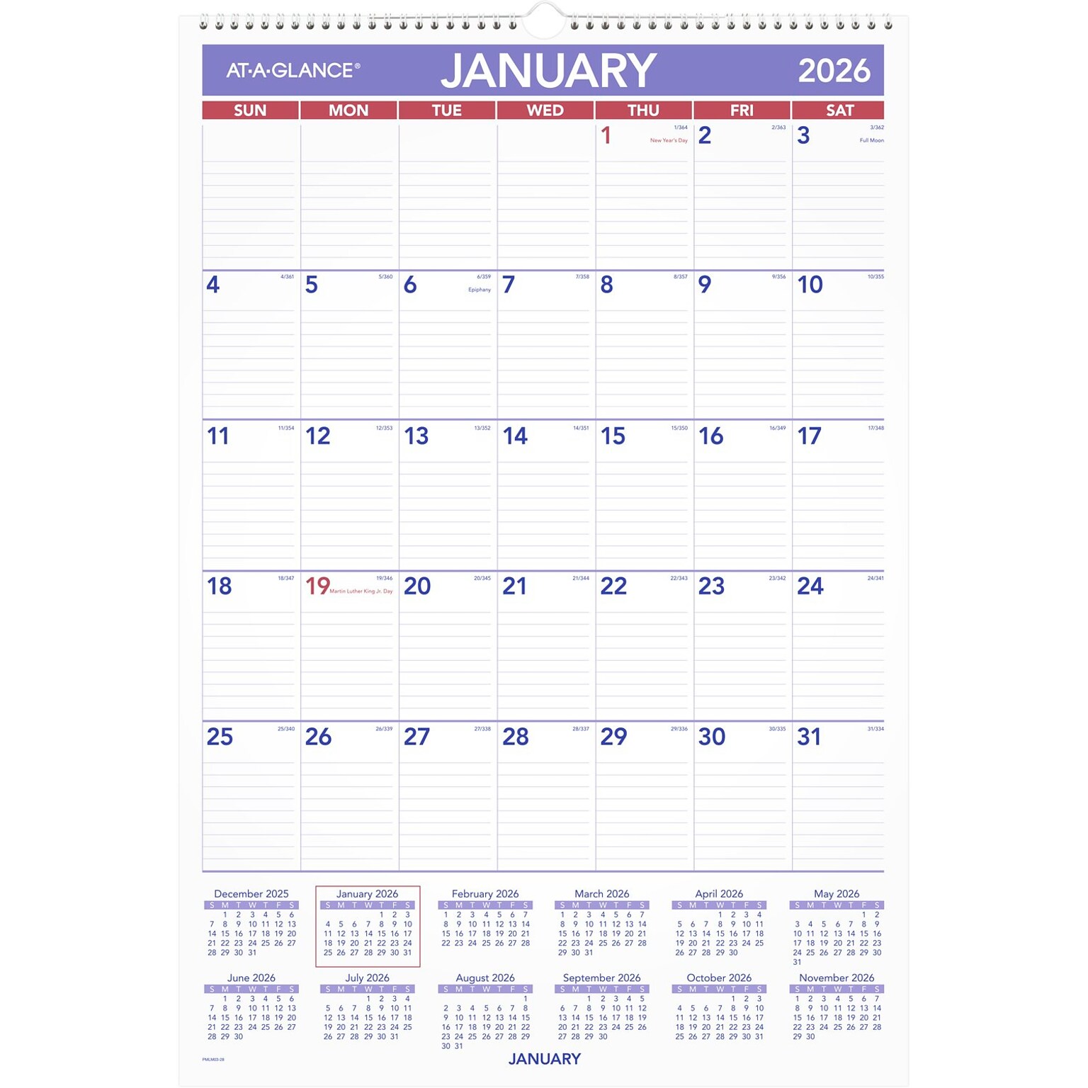 2026 AT-A-GLANCE 15.5 x 22.75 Monthly Dry Erase Wall Calendar, White/Purple (PMLM03-28-26)