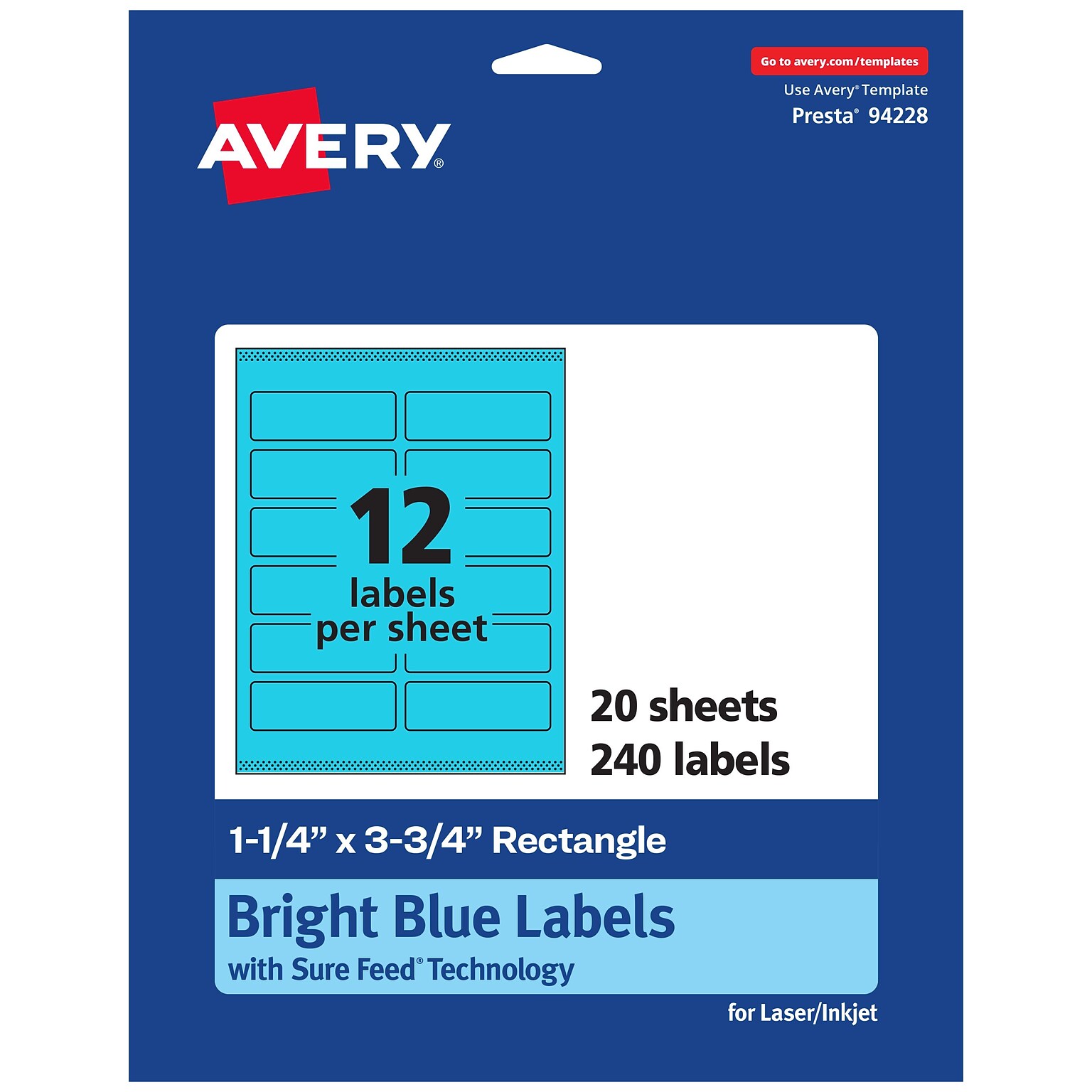 Avery Printable Rectangle Multipurpose Labels, 1.25 x 3.75, Bright Blue, 240/Pack (94228)