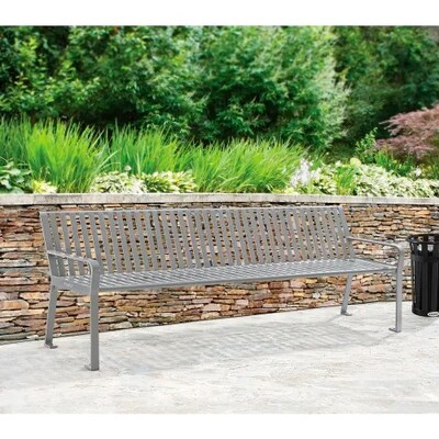 Global Industrial 8' Outdoor Bench w/ Back, Vertical Steel Slat, Gray (694855GYKD)