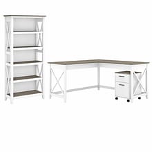 Bush Furniture Key West 60 L-Shaped Desk w 2 Drawer Mobile File Cabinet & 5 Shelf Bookcase, Shiplap