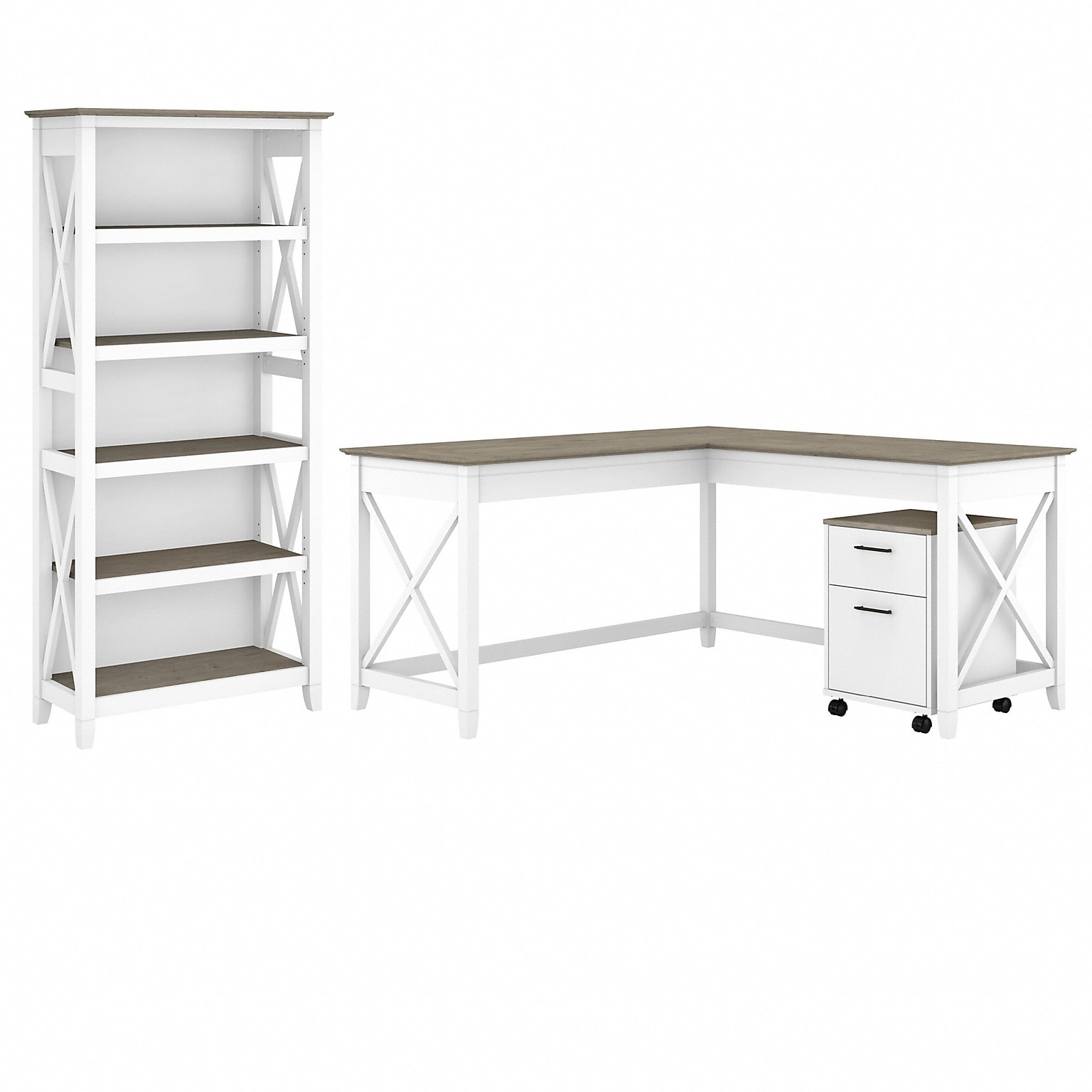 Bush Furniture Key West 60 L-Shaped Desk w 2 Drawer Mobile File Cabinet & 5 Shelf Bookcase, Shiplap Gray/Pure White (KWS016G2W)