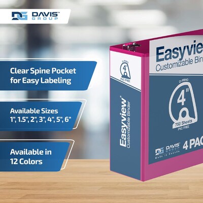 Davis Group Easyview Premium 4" Angle D Ring, Customizable, View Binder, Pink, 4/Pack (8406-43)
