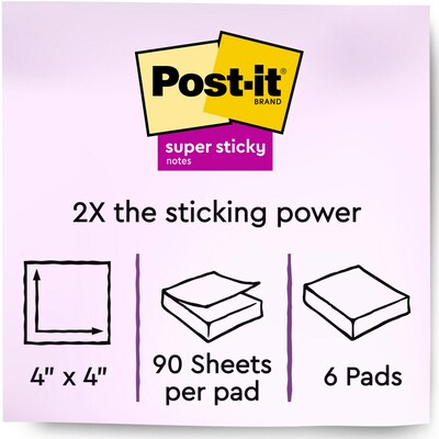 Post-it Recycled Super Sticky Notes, 4 x 4 in., 6 Pads, 90 Sheets/Pad, Lined, The Original Post-it N