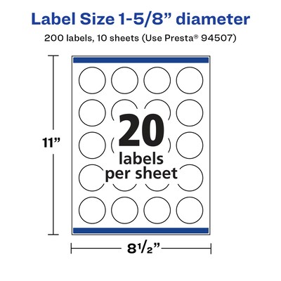 Avery Laser/Inkjet Circle Multipurpose Labels, 1.625"  Dia, Glossy White, 200/Pack (94507)