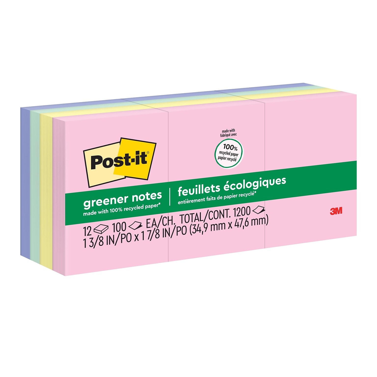 Post-it Recycled Notes, 1 3/8 x 1 7/8, Sweet Sprinkles Collection, 100 Sheet/Pad, 12 Pads/Pack (653RPA)