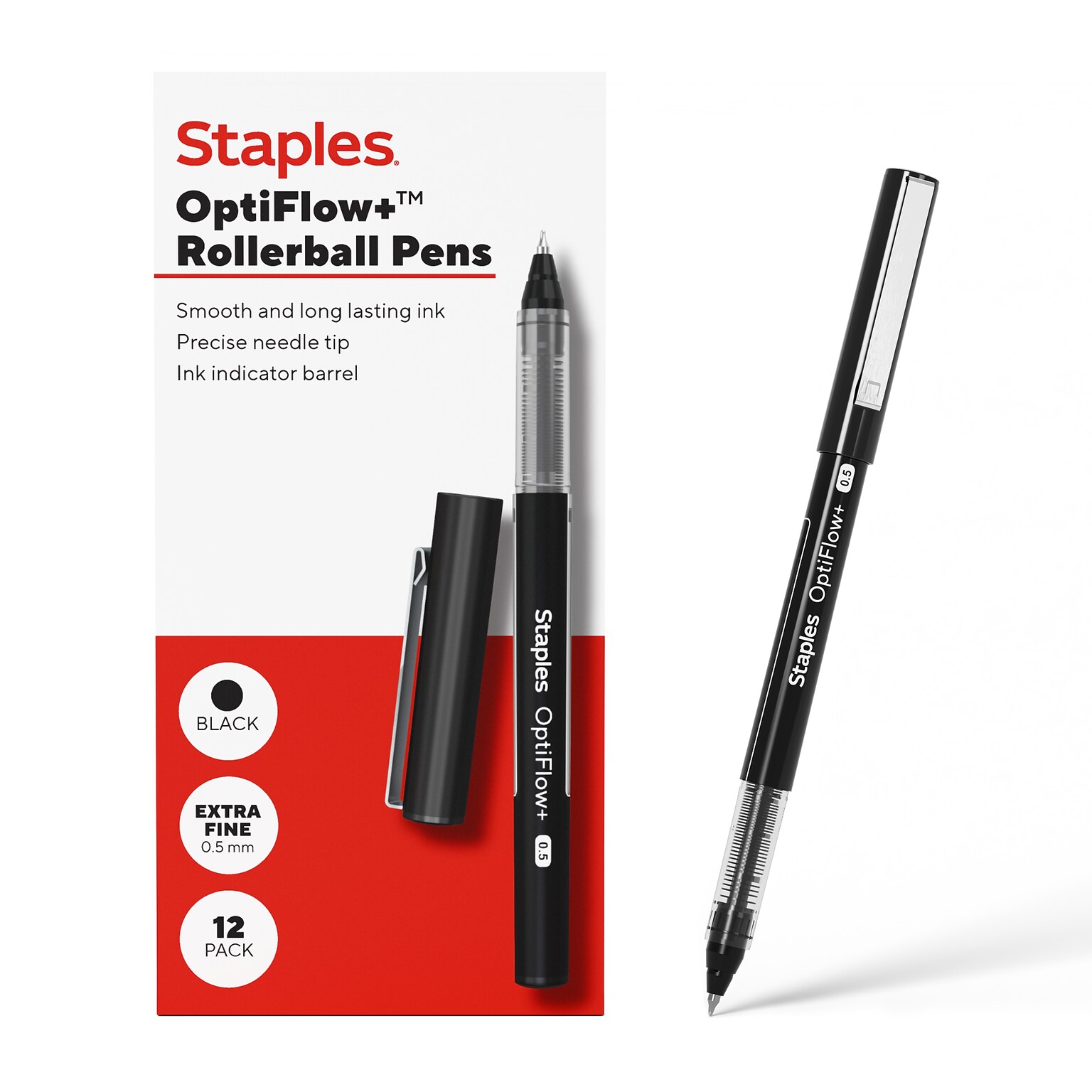 Staples Optiflow+ Rollerball Pens, Extra Fine Point, 0.5mm, Black Ink, Dozen (ST63314)