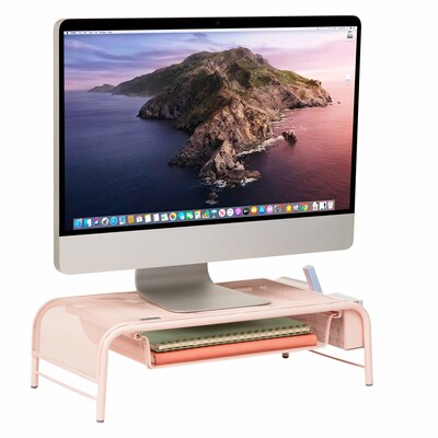 Mind Reader Monitor Stand with Paper Tray, Metal, Pink (MESHMONSTA-PNK)