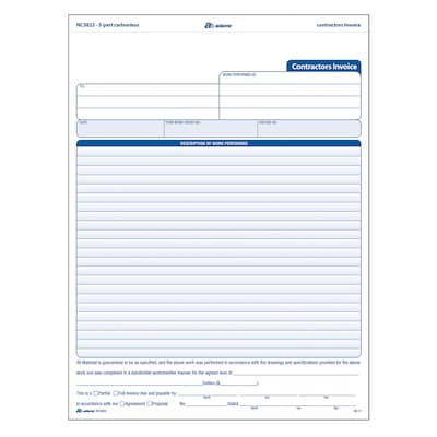 Adams 3-Part Carbonless Contractors Invoice Forms, 8.5W x 11.44L, 100/Pack (ABF NC3822)