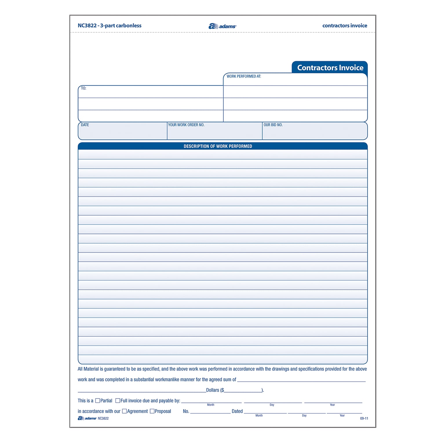 Adams 3-Part Carbonless Contractors Invoice Forms, 8.5W x 11.44L, 100/Pack (ABF NC3822)