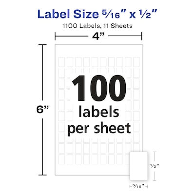 Avery Removable Hand Written Multipurpose Labels, 5/16" x 1/2", White, 100 Labels/Sheet, 11 Sheets/Pack, 1100 Labels/Pack (5412)