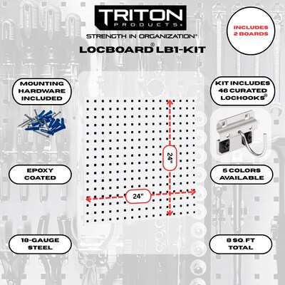 Triton Products Locboard Kit, (2) 24 x 24 x 9/16 Steel Square Hole Pegboards, 46 Assorted Hooks (LB1-KIT)