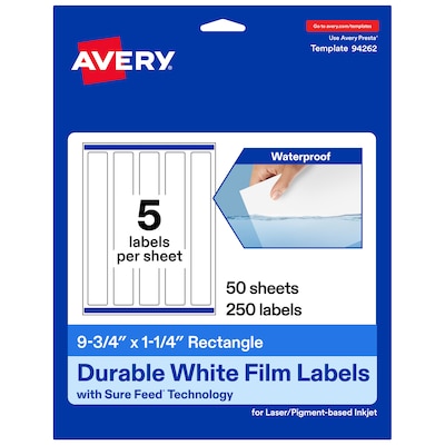 Avery Laser/Inkjet Rectangle Waterproof Multipurpose Labels, 1.25  x 9.75, White, 250/Box (94262)