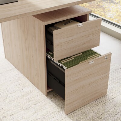 Bush Business Furniture Stratus 72"W Electric L-Shaped Adjustable Standing Desk with Cabinet, Natural Elm (SUT016NE)