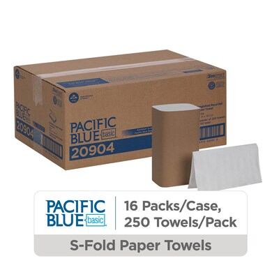 Pacific Blue Basic Recycled Single Fold Paper Towels, 1-ply, 250 Sheets/Pack, 16 Packs/Carton (20904)
