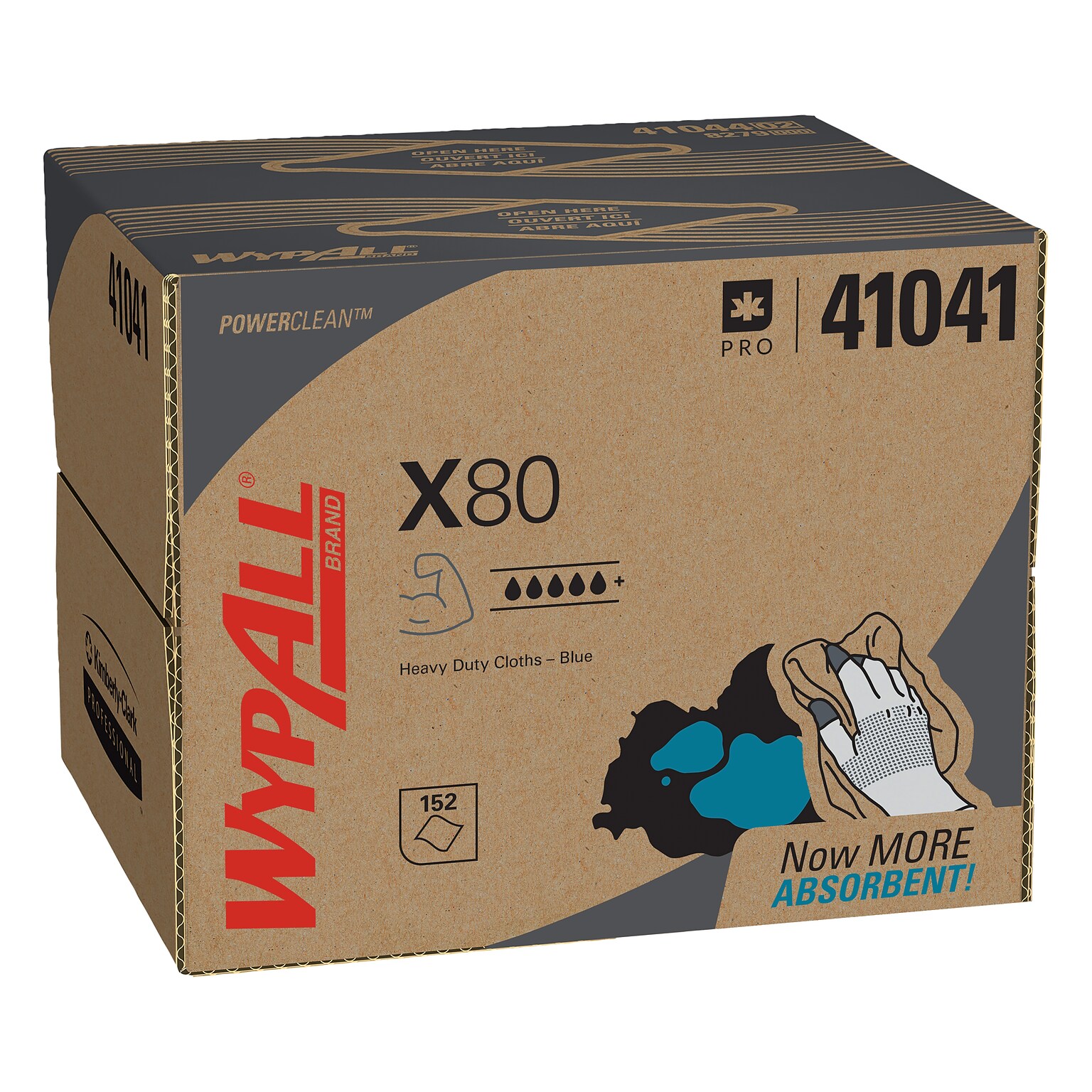 WypAll PowerClean X80 Fabric Cleaning Wipers, 16.8 x 12.5, Blue, 152 Wipers/Box (41041)