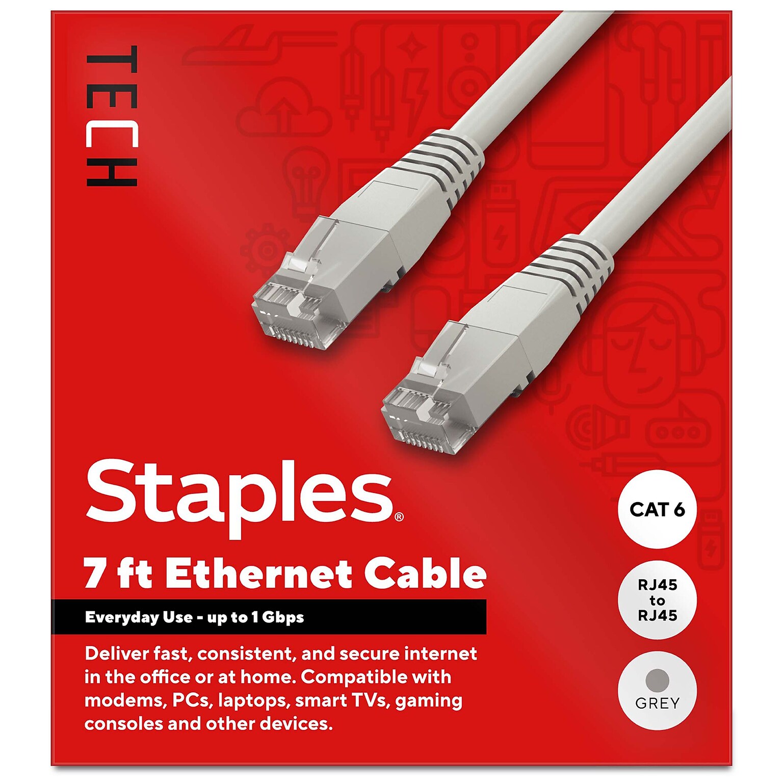 Staples TECH 7 ft. Cat-6 Ethernet Cable, Male to Male, Gray (ST62453)