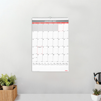 2027 Staples 15.5" x 22.75" Monthly Wall Calendar, White/Red/Gray (ST53925-27)