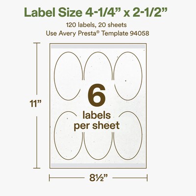 Avery Hemp Oval Laser/Inkjet Multipurpose Labels, 4-1/4" x 2-1/2", Off-White (120/Pack)